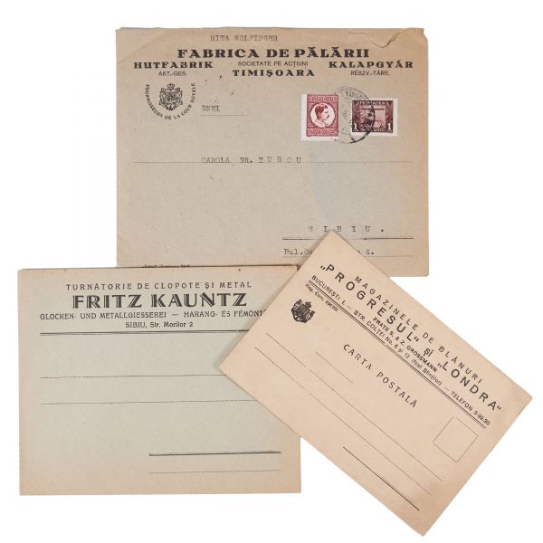Magazinul de blănuri „Progresul” și „Londra”, turnătoria Fritz Kauntz și Fabrica de pălării, două plicuri și o carte poștală 
