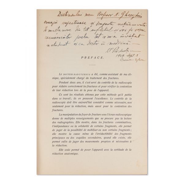 Prof. Pierre Duval, La réduction des fractures sous l'écran radioscopique, 1928, cu dedicație 