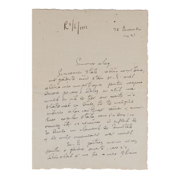 Nicolae Iorga, scrisoare expediată unui coleg, 28 decembrie 1921
