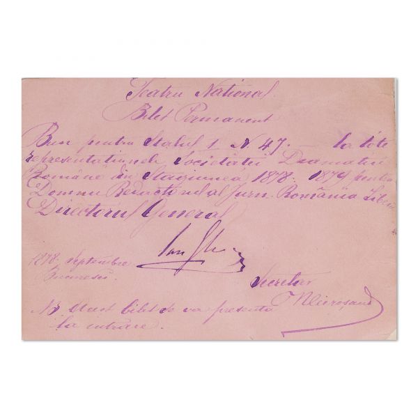 Teatrul Național, bilet permanent cu semnătura directorului Ion Ghica, 1878