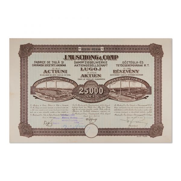 „J. Muschong & Comp.” Fabrica de țiglă și cărămidă, 25 acțiuni în valoare de 25.000 lei, 1925