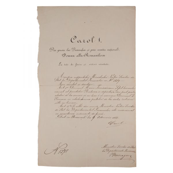 Decret de eliberare din funcție, semnat olograf de domnitorul Carol I, 1866