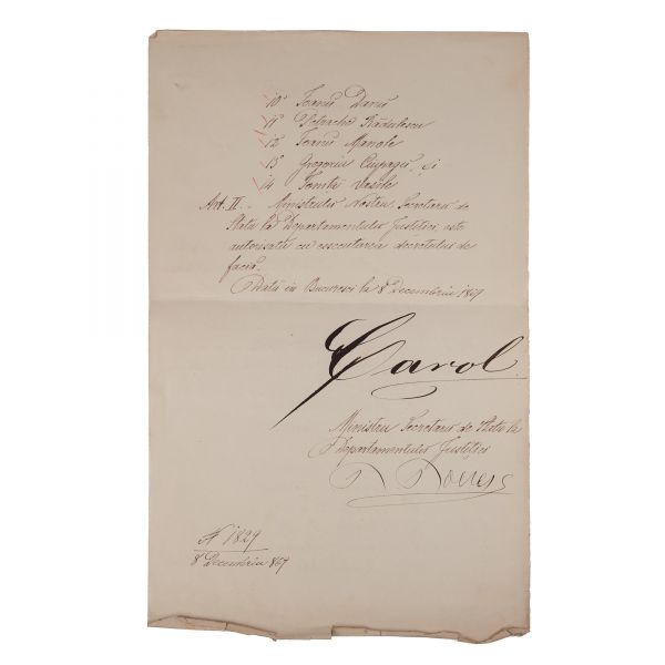 Document de grațiere cu semnătura olografă a domnitorul Carol I, 1869