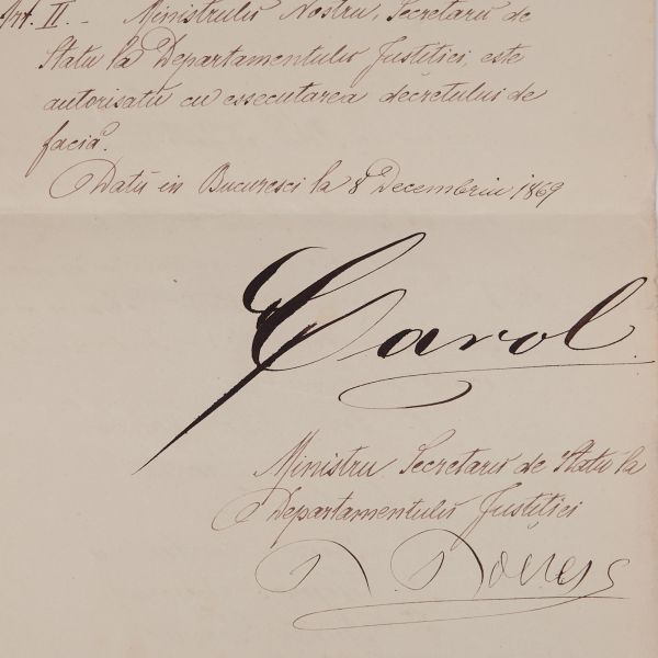 Document de grațiere cu semnătura olografă a domnitorul Carol I, 1869