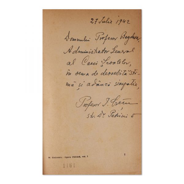 M. Eminescu, Opera politică, două volume, 1941, cu dedicația lui I. Crețu pentru N. Bagdasar