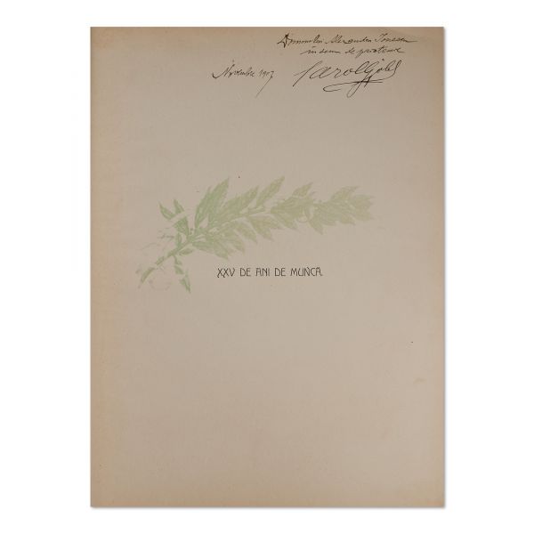 Tipograful Carol Göbl, XXV de ani de muncă, 1901, cu dedicația lui Carol Göbl pentru Alexandru Ionescu