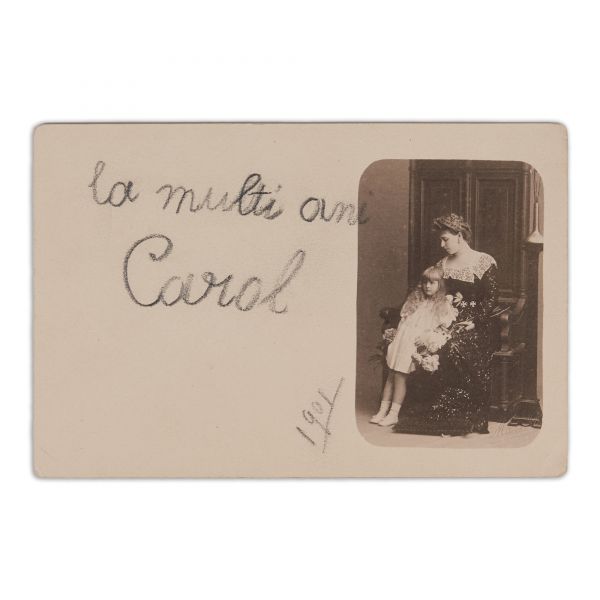Principesa Maria și fiica sa, Elisabeta, carte poștală fotografică, atelier F. Mandy, cu dedicația principelui Carol al II-lea, 1901