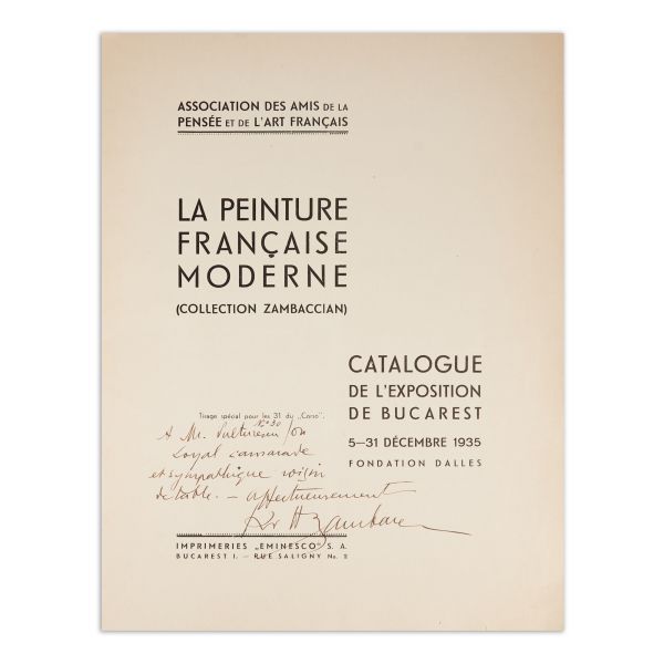La peinture française moderne, catalogul expoziției din 5 - 31 decembrie 1935, exemplar numerotat, cu dedicația lui K. H. Zambaccian