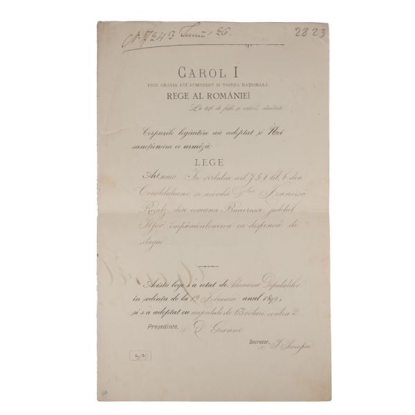 Decret de împământenire, semnat olograf de regele Carol I, 1899