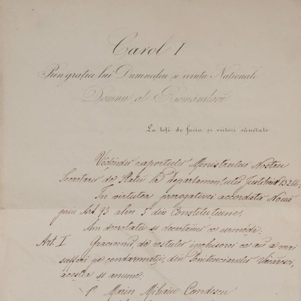 Document de grațiere cu semnătura olografă a domnitorul Carol I, 1869