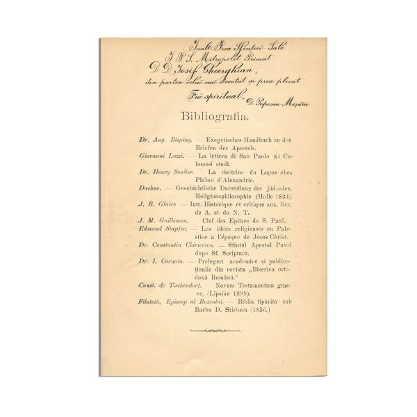 Dumitru Popescu Moșoaia, Studiu asupra Epistolei către Coloseni, 1901, cu dedicație pentru mitropolitul Iosif Gheorghian