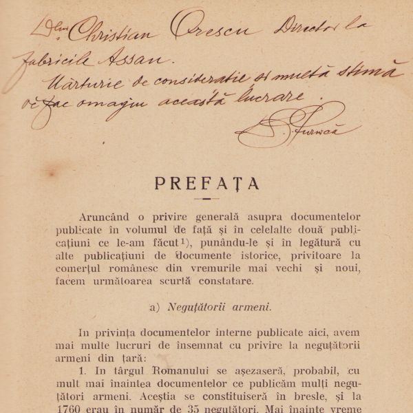 Documente privitoare la Comerțul Românesc, cu dedicația lui Dum. Z. Furnică