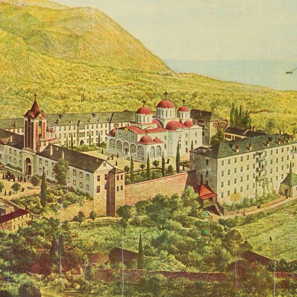 Sfântul Munte Athos, mănăstirea românească Prodromul, litografie
