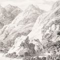 Dunărea în apropierea Orșovei, litografie, desenator F. Wolf, 1826