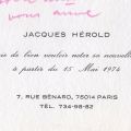 Jacques Hérold, scrisoare, 1974, cu o însemnare olografă