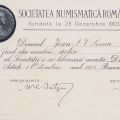 Ioan I. V. Socec, diplomă de membru activ al Societății Numismatice Române, 1 octombrie 1904