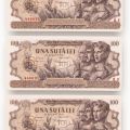 Patru bancnote în valoare de 100 lei din 1947, necirculate, serie consecutivă