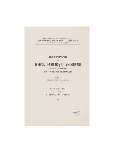Dr. V. Gomoiu, Repertor de medici, farmaciști, veterinari, vol. I, 1938 