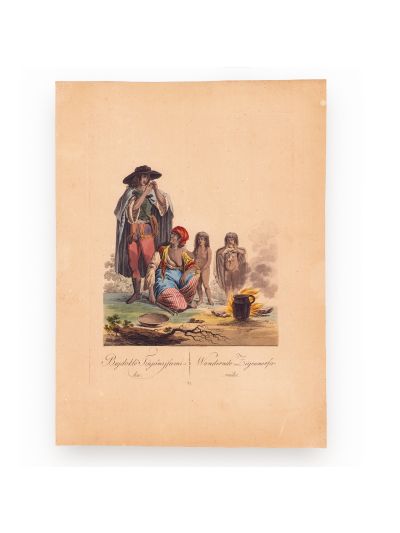 Familie de țigani rătăcitori, gravură în cupru colorată manual, cca. 1800