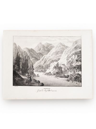 Dunărea în apropierea Orșovei, litografie, desenator F. Wolf, 1826