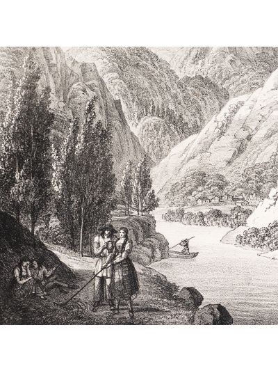 Dunărea în apropierea Orșovei, litografie, desenator F. Wolf, 1826
