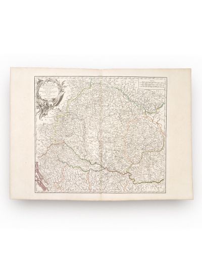 Harta Regatului Ungariei, a Principatului Transilvaniei, Slovaciei și Croației, gravură în cupru colorată manual, cartograf Didier Robert de Vaugondy, 1751 