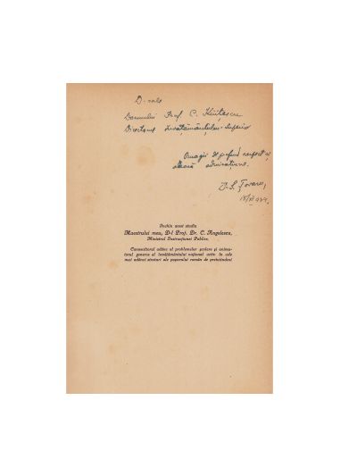 Dr. S. Țovaru, Problema școalei românești din Balcani, 1934, cu dedicația autorului