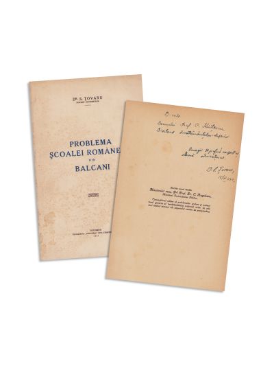 Dr. S. Țovaru, Problema școalei românești din Balcani, 1934, cu dedicația autorului