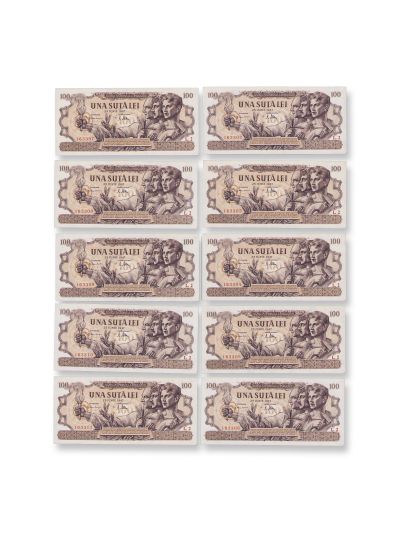 Zece bancnote necirculate în valoare de 100 lei din 25 iunie 1947 