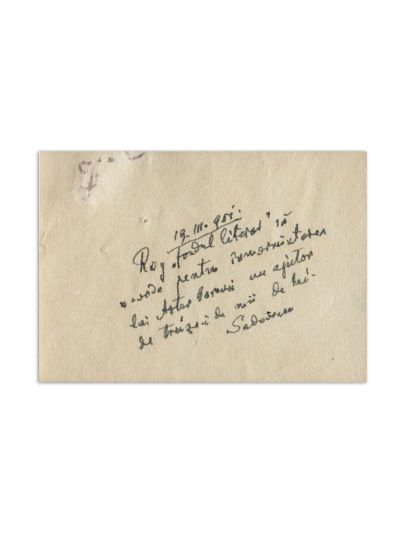 Mihail Sadoveanu, fotografie de epocă + bilet cu însemnare olografă, 1951