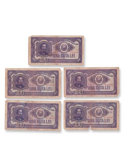 100 lei 1952, cinci bancnote circulate