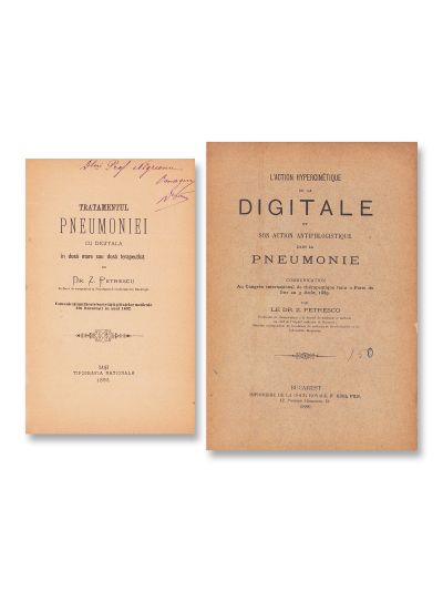 Dr. Z. Petrescu, două comunicări despre tratamentul pneumoniei, 1889-1892, cu dedicație 