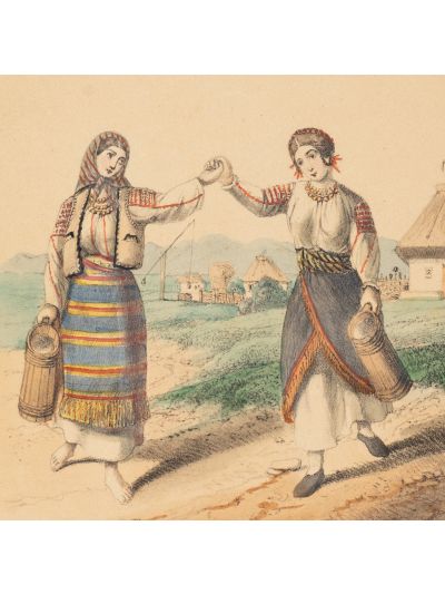 Două fete gemene în Moldova, litografie colorată manual în acuarelă, litograf Alexandru Asachi, 1855