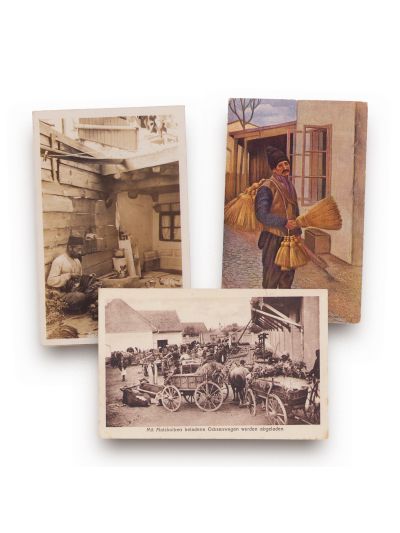 Târg la țară, vânzător de mături, cultivator tătar de tutun, 3 fotografii tip carte poștală 