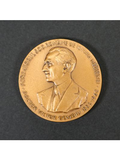 Dr. Victor Gomoiu - 40 de ani de la înființarea Societății Române de Istoria Medicinei, medalie din bronz patinat, 1960