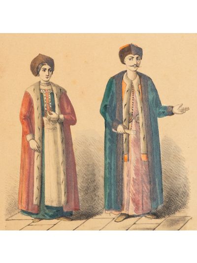 Boier și cucoană din veacul al XVIII-XIX-lea în Moldova, litografie colorată manual în acuarelă, litograf Alexandru Asachi, 1855