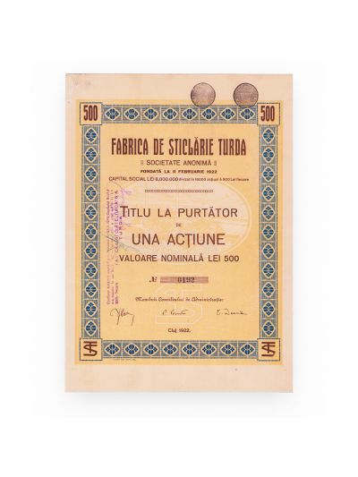 Societatea „Fabrica de Sticlărie Turda”, titlu la purtător în valoare de 500 lei