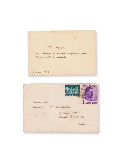 Tudor Arghezi, carte de vizită cu însemnare olografă, 2 ianuarie 1939 + plic
