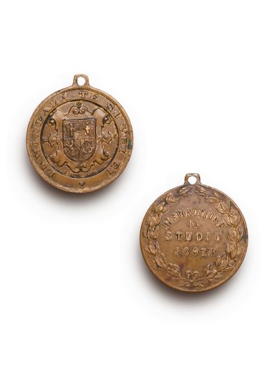 Distincție la studiu pe anul 1897/8, medalion din bronz, gravor Carniol Fiul