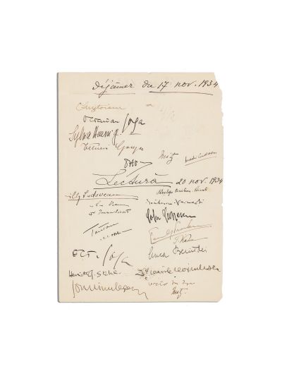 Societatea Scriitorilor Români, filă cu semnături olografe, 1934