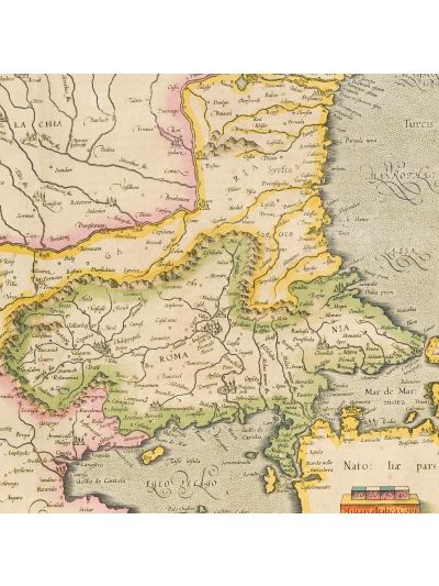 Harta Valahiei, Serbiei, Bulgariei și a Rumeliei, gravură în cupru colorată manual, cartograf Gerard Mercator, 1607-08