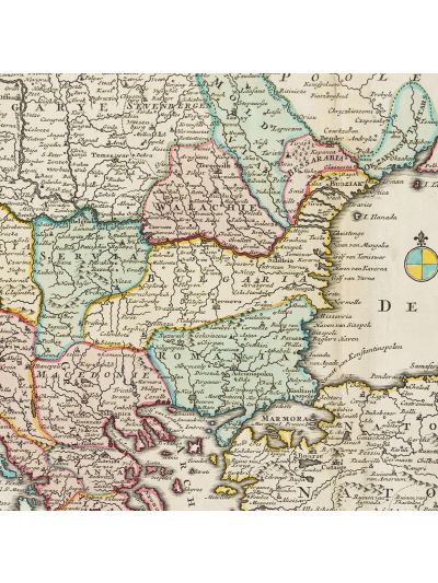 Noua hartă a Turciei europene, gravură în cupru colorată manual, cartograf Isaak Tirion, cca. 1740