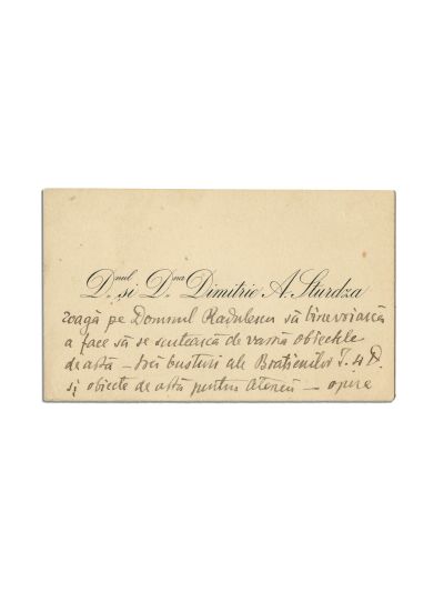 Domnul și doamna Dimitrie A. Sturdza, carte de vizită cu însemnare olografă 