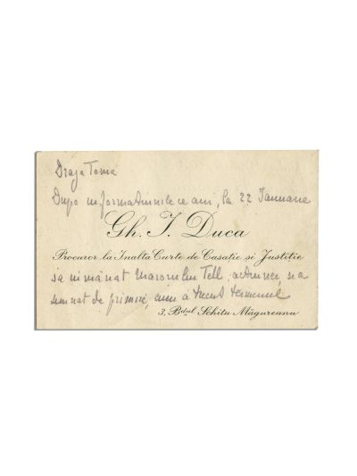 I.G. Duca, carte de vizită cu însemnare olografă