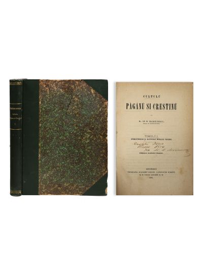 At. M. Marienescu, Cultul păgân și creștin, 1884, tomul I, cu dedicație pentru Nicolae Firu