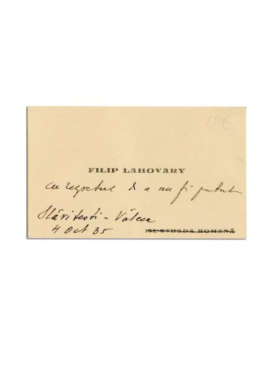 Filip Lahovary, carte de vizită cu însemnare olografă