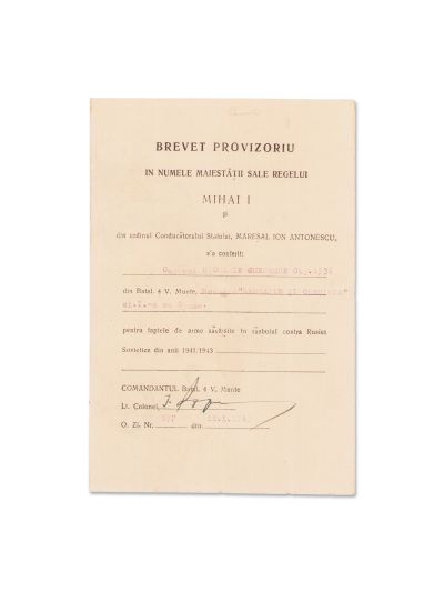 Nicolae Gheorghe, brevet provizoriu tipărit pe o hartă rusească, 11.10.1943