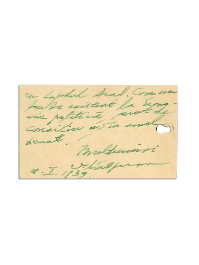 Virgil Madgearu, carte de vizită cu însemnare olografă