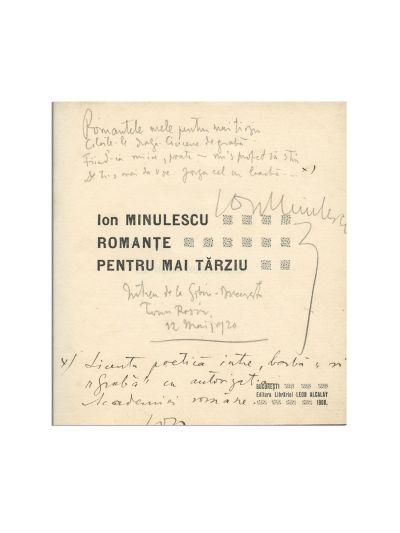 Ion Minulescu, Romanțe pentru mai târziu, 1908, cu o amplă dedicație olografă 