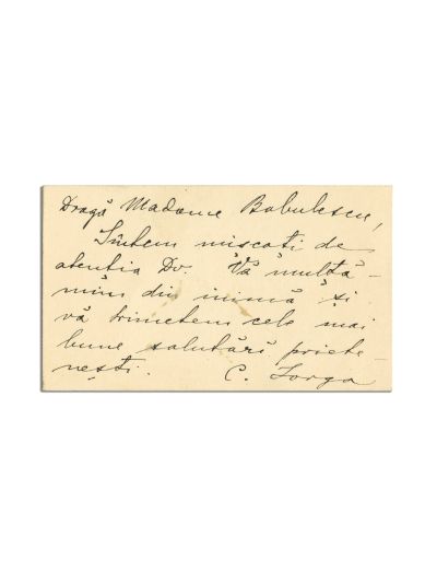 Ecaterina N. Iorga, carte de vizită cu o însemnare olografă  